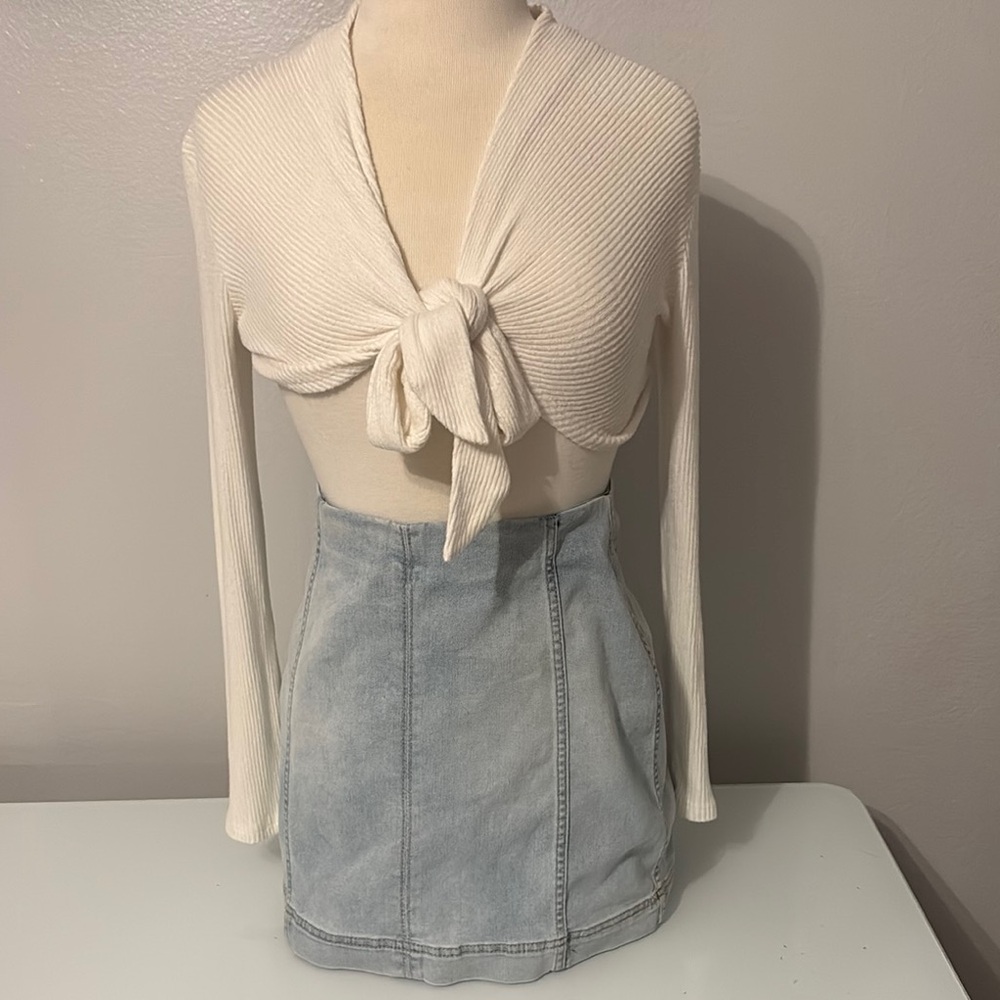 Cream Tie-Front Cardigan and Light Blue Denim Skirt